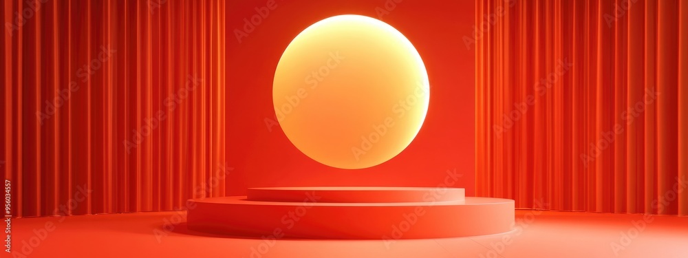 Poster neon orange and bright red 3d rendered product display wallpaper featuring a podium or stand ideal f