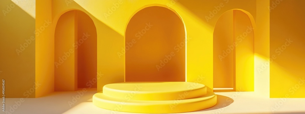 Poster minimal design scene featuring a yellow podium 3d rendering