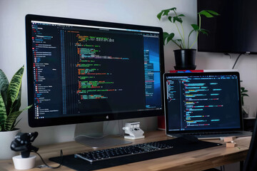 Naklejka premium The computer monitor is displaying a lot of code