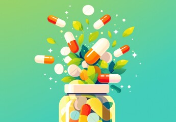 White Bottle with Pills and Colorful Multivitamins on a Green Background.