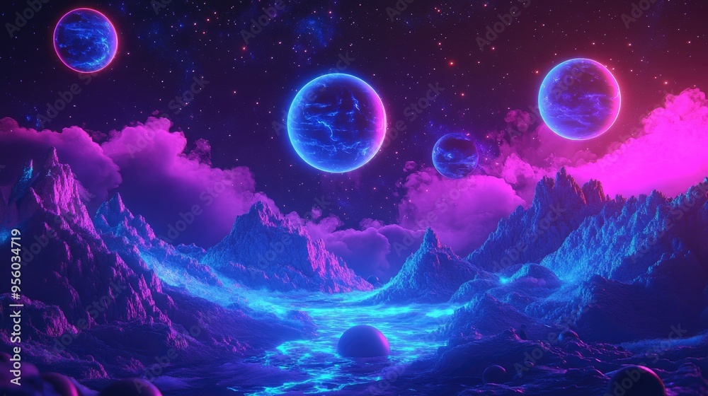 Leinwandbilder 3d rendering of a dark cyberpunk style techno futuristic neon abstract background featuring a cosmos