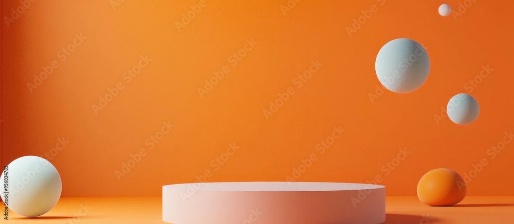 Poster minimal abstract composition featuring a podium and floating geometric shapes against an orange back