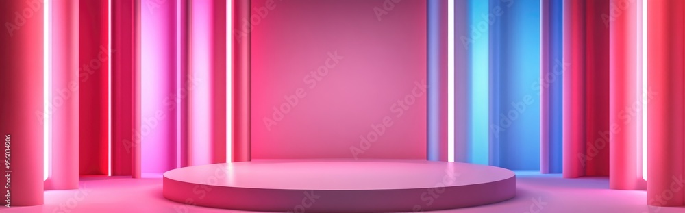 Aufkleber pink podium set in a pink room with illuminated wall features 3d rendering
