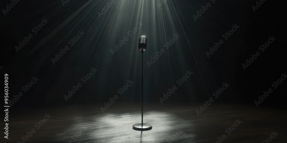 Poster Empty dark stage featuring a microphone 3D render
