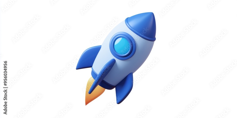 Poster Startup Rocket Launch icon in 3D cartoon rendering This glyph style design features a flat iconic symbol with rounded angles in cobalt color against a white background