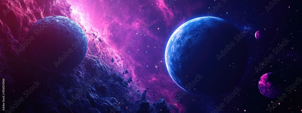 Aufkleber Space scene in a 3D cartoon rendering featuring a panoramic view of the galaxy filled with stars and nebulae