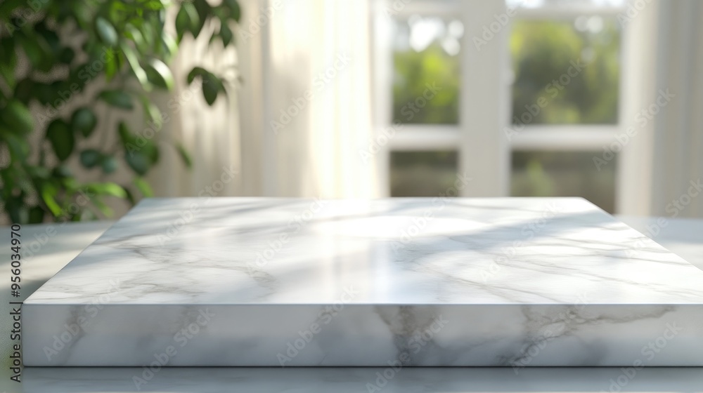 Poster white marble tabletop with a blurred abstract background suitable for product display or montage