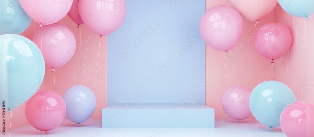 Aufkleber minimal product podium stage adorned with geometric pastel balloons for a presentation backdrop abst