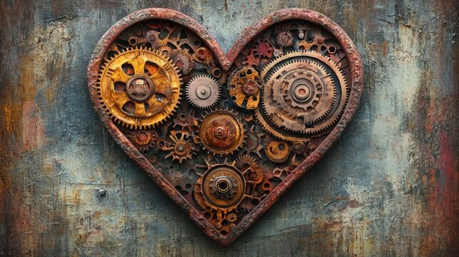 Vintage steampunk heart featuring intricate cogs and gears on a textured canvas background