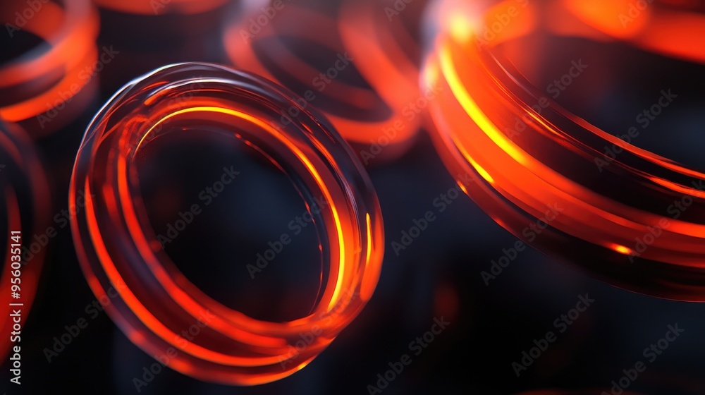 Poster Abstract motion capture design featuring dark rings and orange red elements against a dark background 3D render