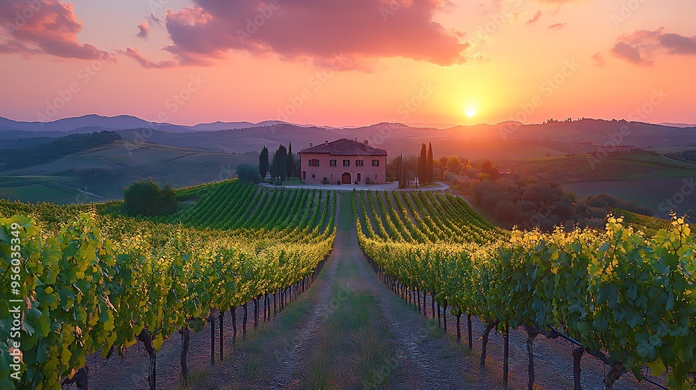 Sticker A panoramic view of a vineyard at sunset, the grapevines illuminated by the golden light, with a distant farmhouse nestled among the hills, the sky transitioning from orange to purple,