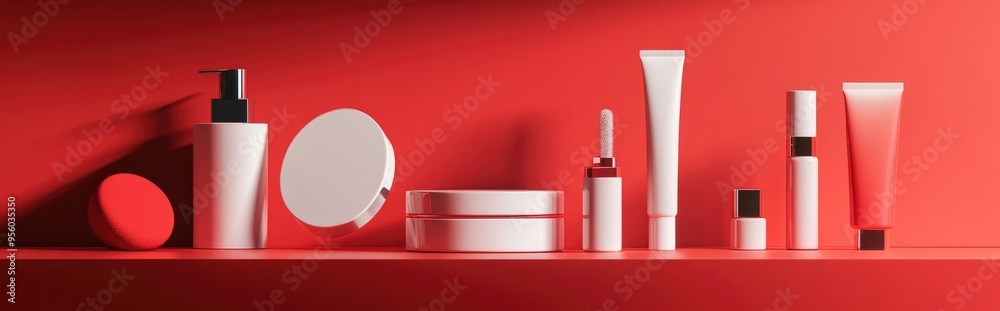 Aufkleber Cosmetics displayed against a red backdrop 3D rendering design
