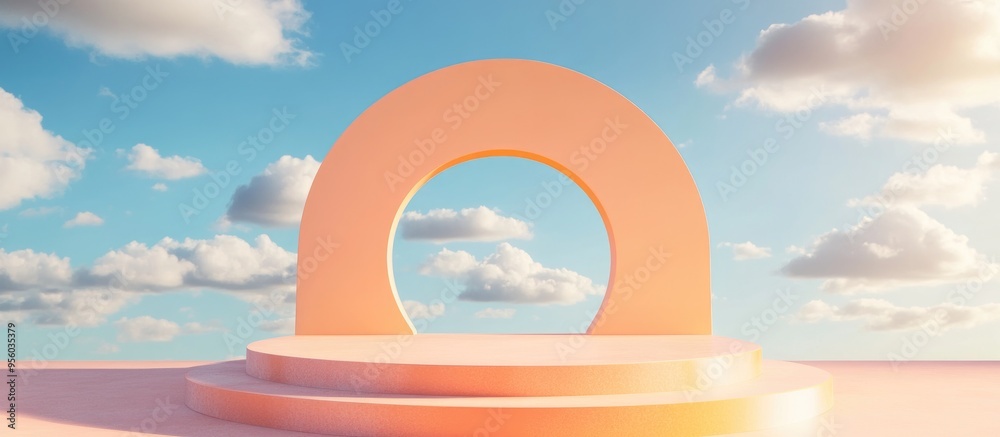 Aufkleber Podium stage displayed against a peach background featuring blue sky and clouds in a sunny setting 3D render