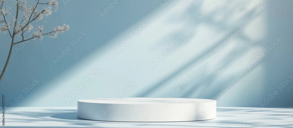 Poster empty white podium with geometric shadows against a blue backdrop mockup display for product present