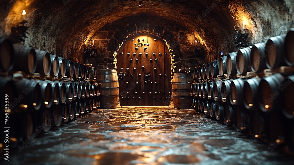 Wall mural A partially open wine cellar door made of aged wood and adorned with ornate ironwork, the dim light from inside casting soft shadows on the stone floor, hinting at the treasures within,