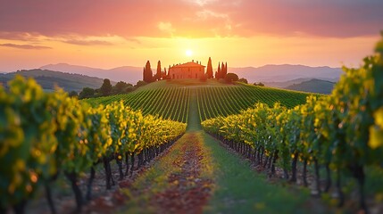 Fototapeta premium A panoramic view of a vineyard at sunset, the grapevines illuminated by the golden light, with a distant farmhouse nestled among the hills, the sky transitioning from orange to purple,