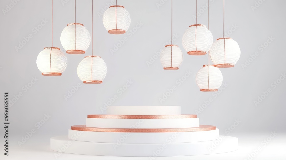 Poster rose gold and white lanterns with a podium display set against a white background 3d rendering 3d il