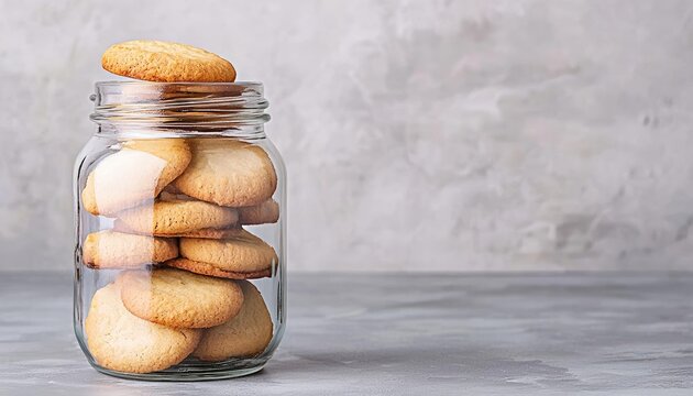 Cookies in a glass jar, fresh and delightful tones, space for text