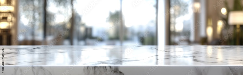 Poster white marble tabletop with a blurred abstract interior background suitable for product display or mo