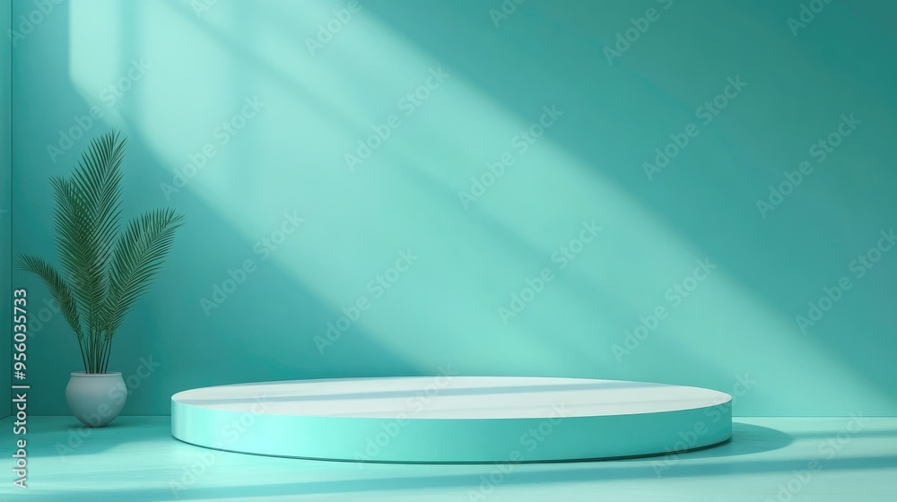 Poster Empty podium or pedestal set against a turquoise background featuring a display concept Blank product shelf serving as a backdrop 3D rendered illustration