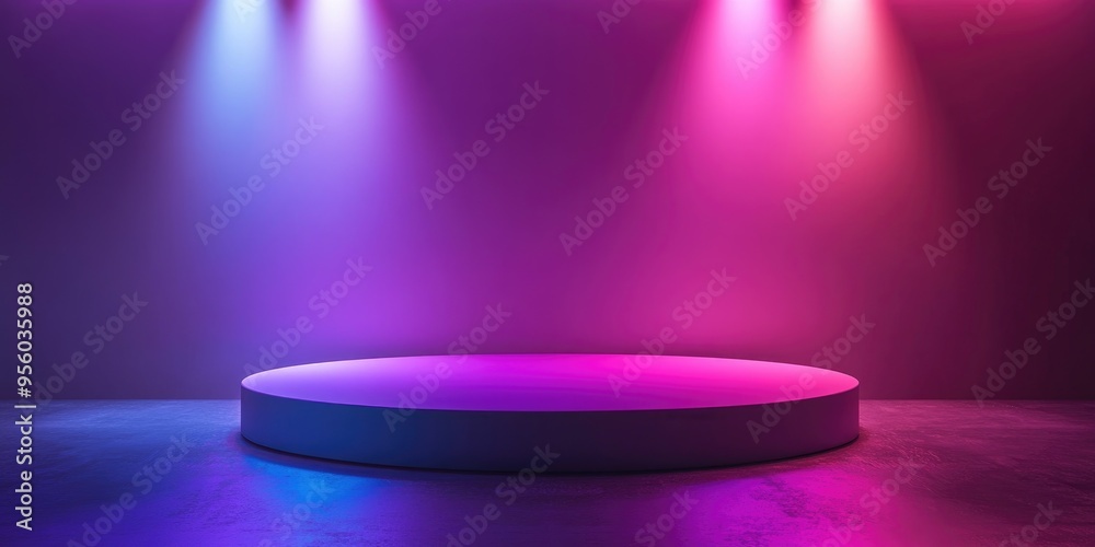 Aufkleber Illuminated stage and podium for product launch 3D render with vacant platform and ample space for text