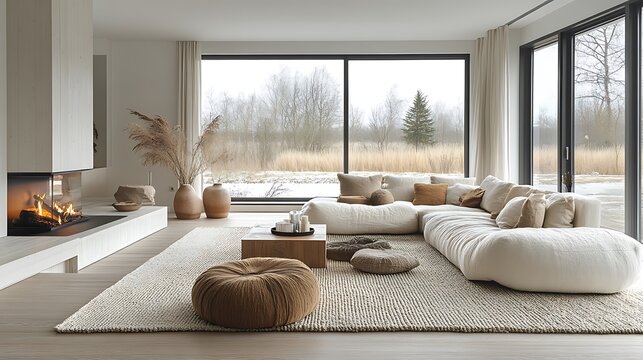 Scandinavian living room with a focus on a sleek modern fireplace, minimalist décor, neutral color palette, light wood accents, large windows filling the space with light,