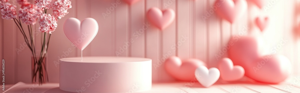 Poster sweet love scene featuring a minimalist display podium for product presentation pink pedestal stand 