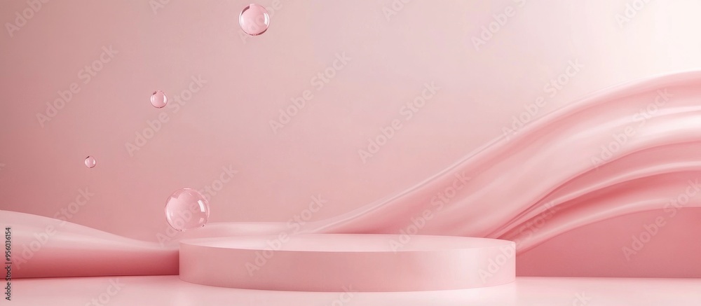 Poster minimalistic abstract design featuring pink hues for a cosmetic or product display podium in 3d rend