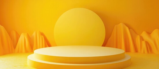 Yellow podium or pedestal on an advertising display featuring a blank backdrop 3D rendering