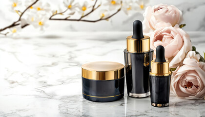 Beauty and skincare products with elegant packaging and application, luxurious and detailed tones, space for text