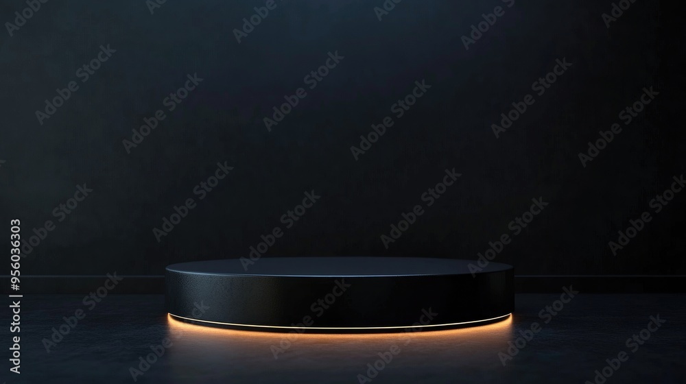 Aufkleber Black podium or pedestal illuminated against a dark backdrop featuring a cylindrical stand Empty product shelf serving as a display background 3D rendering
