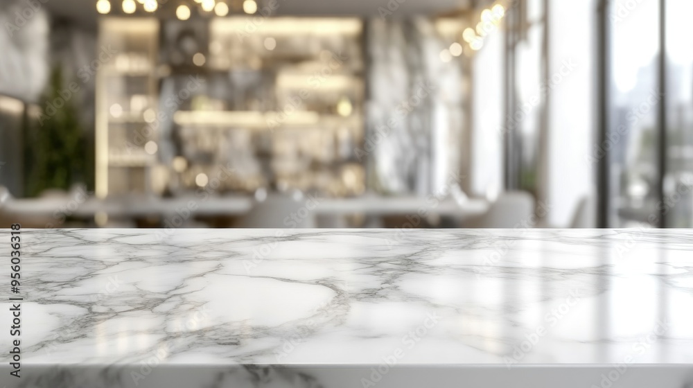 Poster White marble table top with a blurred abstract interior background suitable for displaying or showcasing products