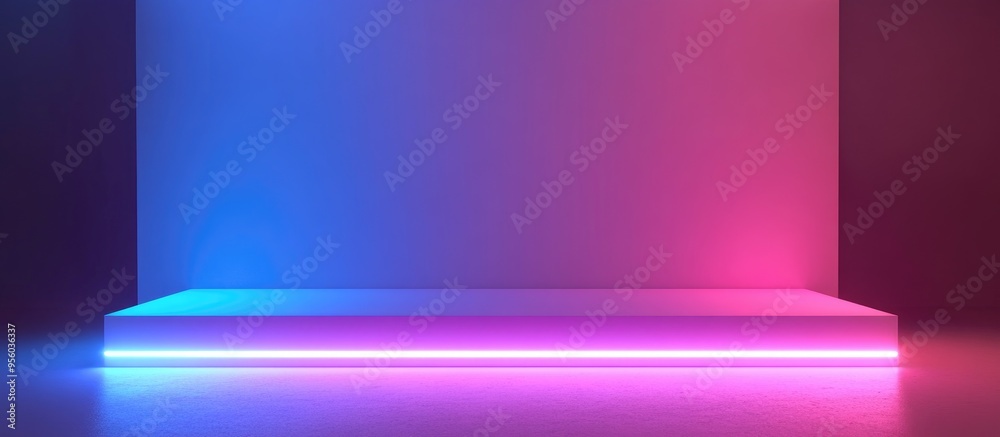 Poster blank product display with neon lights against a pastel colored background 3d rendering