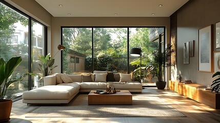 Fototapeta premium Scandinavian living room with a focus on layered lighting, large windows providing natural light, warm floor lamps, sleek table lamps, and subtle recessed lighting, neutral color scheme,