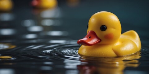 A small rubber yellow duck swims in the water in the pool.