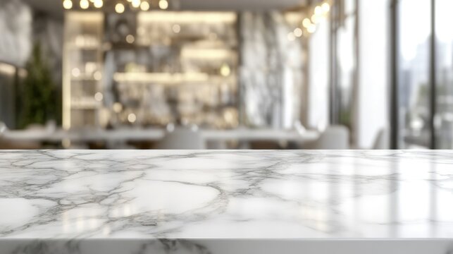 White marble table top with a blurred abstract interior background suitable for displaying or showcasing products