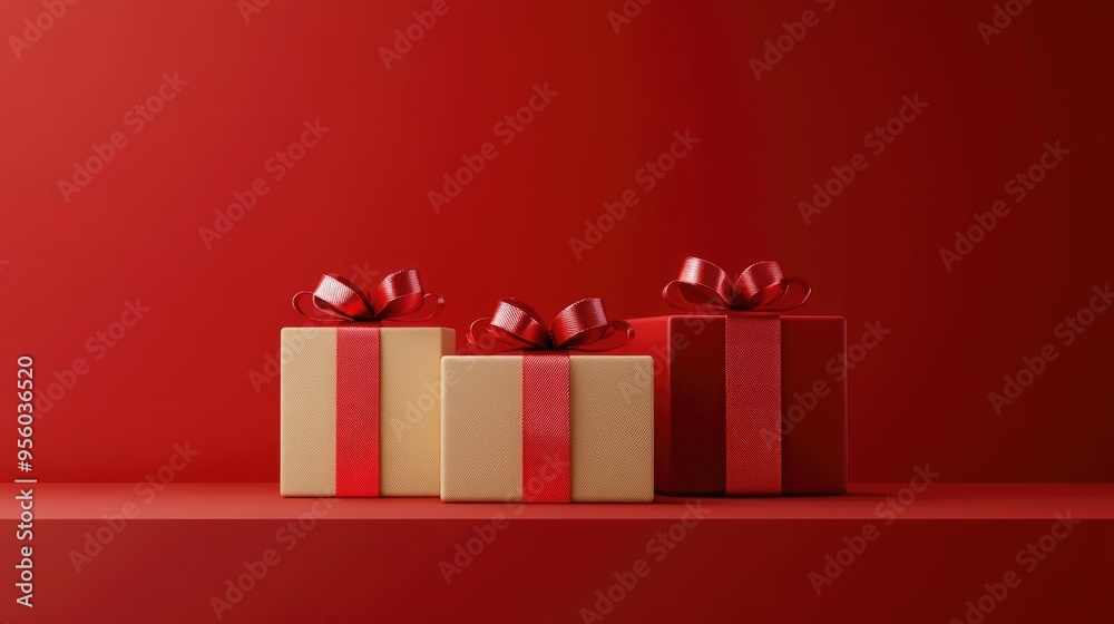 Poster Minimalistic product backdrop for holiday and sale events Feature a red and beige gift box adorned with a ribbon on a red surface 3D render illustration with included clipping paths for each eleme