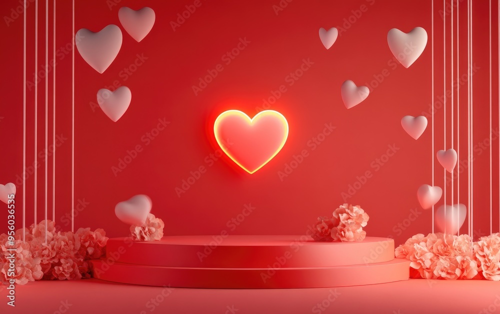 Poster Valentine s Day themed interior featuring a red platform hearts and a stand for display on a red background with ample space 3D rendering