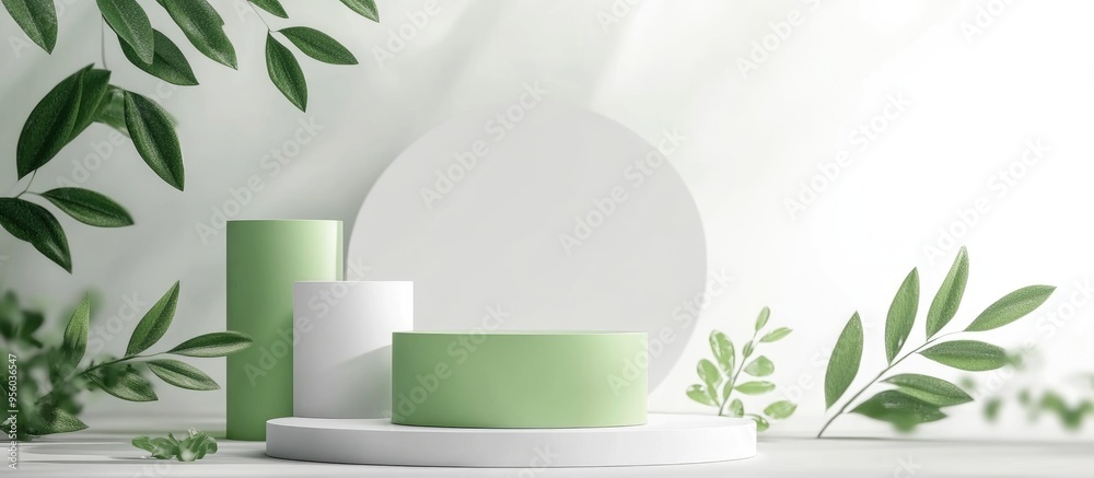 Leinwandbilder white and green podiums in square and cylinder shapes with a plant on a transparent background 3d re
