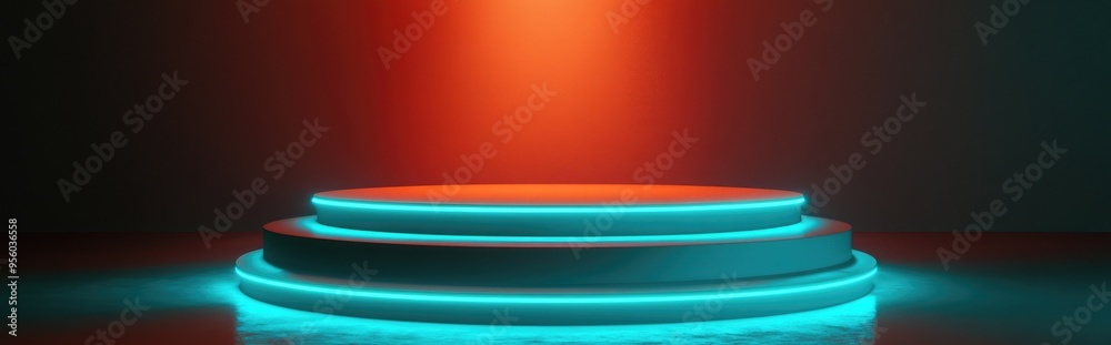 Poster Empty podium in teal and orange hues Suitable for background use 3D render