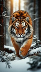 Obraz premium Siberian Tiger Hunting in a Snowy Forest