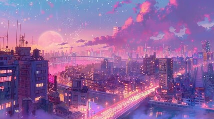 Obraz premium anime city, illuminating Pastel color palette 