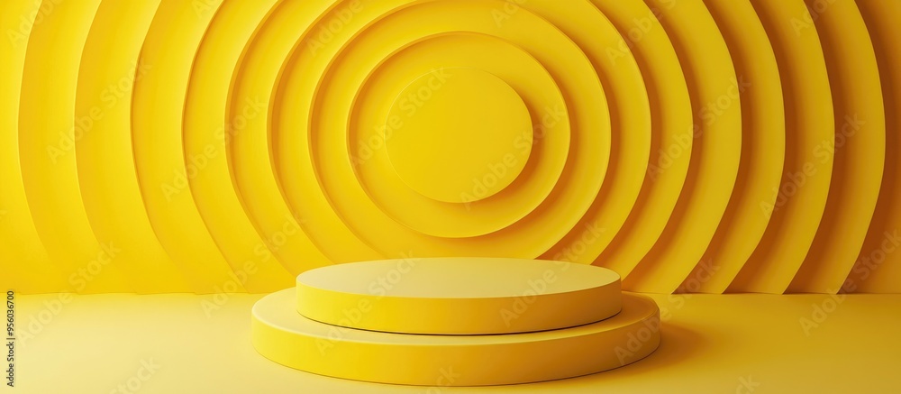 Poster 3d yellow pedestal mock up featuring concentric circles on the wall for product display presentation