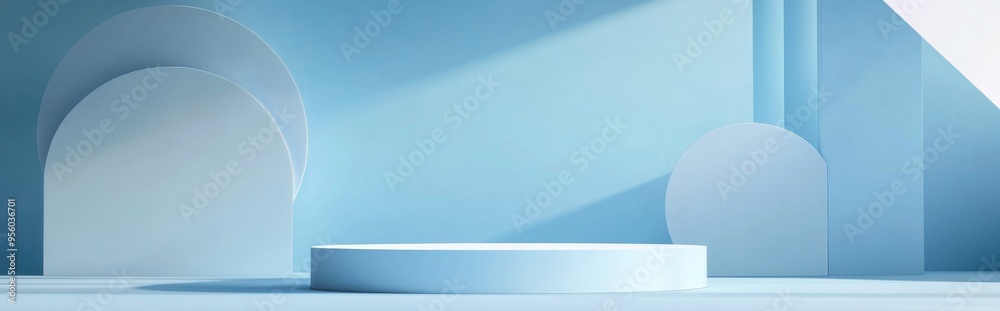 Aufkleber Sky blue 3D background featuring geometric shapes and a podium on the floor Platforms designed for product presentation with a white product set against a backdrop Abstract composition mockup