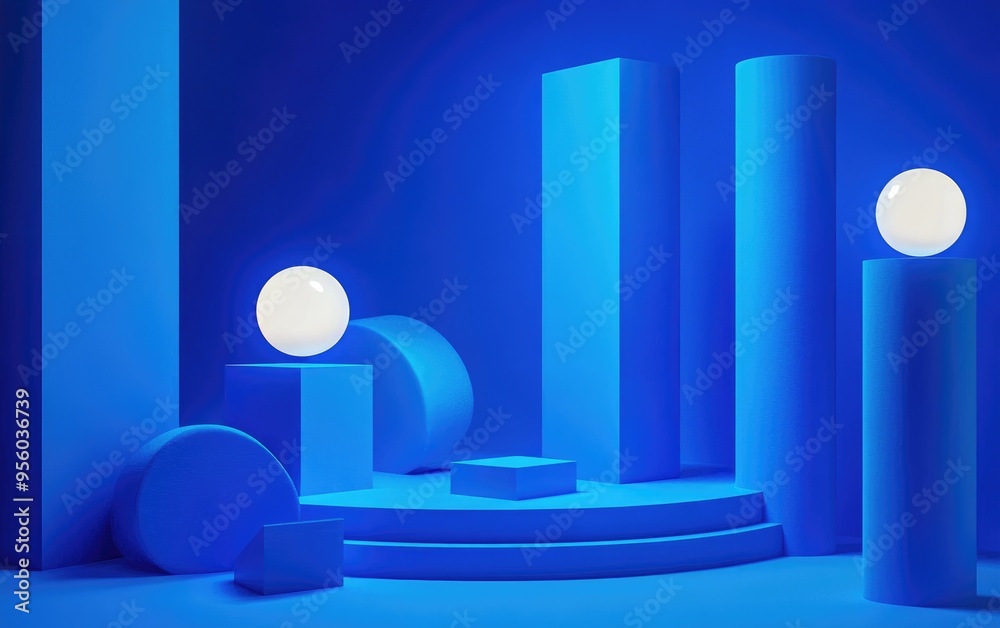 Aufkleber Abstract minimal 3D rendering featuring a blue geometric cylinder background along with cubes and various forms Contemporary design suitable for presentations branding templates and banners with s