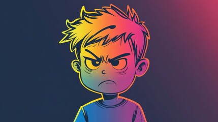 Colorful gradient line illustration of a displeased cartoon boy