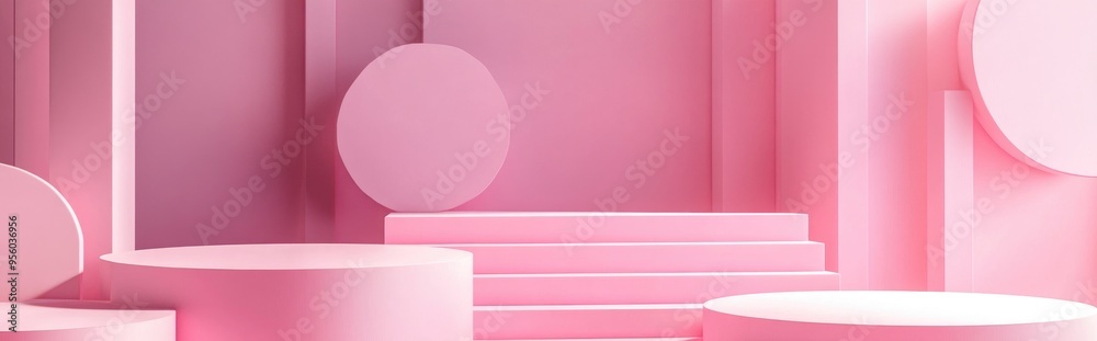 Poster creative mock up featuring geometric podium shapes for product presentation against a pink backdrop 