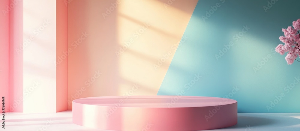 Aufkleber Abstract mock up featuring pastel colors with a pink geometric shape podium in the background 3D rendering