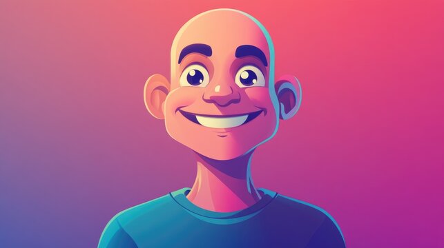 Colorful gradient illustration of a cheerful cartoon bald man