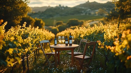 A scenic outdoor wine tasting setup in a vineyard, with a rustic wooden table and chairs placed among the grapevines, a selection of wine glasses and bottles arranged on the table,